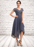 Aubrey A-Line V-neck Asymmetrical Chiffon Lace Mother of the Bride Dress With Ruffle STG126P0014596