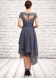 Aubrey A-Line V-neck Asymmetrical Chiffon Lace Mother of the Bride Dress With Ruffle STG126P0014596
