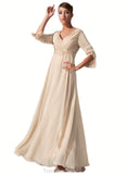 Leah Empire V-neck Floor-Length Chiffon Mother of the Bride Dress With Ruffle Beading STG126P0014597