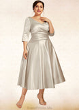 Valery A-Line V-neck Tea-Length Satin Mother of the Bride Dress With Ruffle STG126P0014598
