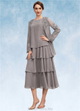 Allyson A-Line Scoop Neck Tea-Length Chiffon Mother of the Bride Dress With Cascading Ruffles STG126P0014603