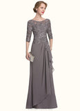 Paige A-Line Scoop Neck Floor-Length Chiffon Lace Mother of the Bride Dress With Cascading Ruffles STG126P0014608