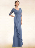 Harriet A-Line V-neck Floor-Length Chiffon Lace Mother of the Bride Dress With Cascading Ruffles STG126P0014609