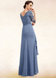 Harriet A-Line V-neck Floor-Length Chiffon Lace Mother of the Bride Dress With Cascading Ruffles STG126P0014609