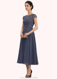 Ruby A-Line Scoop Neck Tea-Length Chiffon Lace Mother of the Bride Dress STG126P0014627