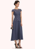 Ruby A-Line Scoop Neck Tea-Length Chiffon Lace Mother of the Bride Dress STG126P0014627