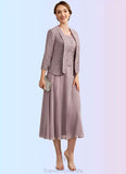 Hilary A-Line Scoop Neck Tea-Length Chiffon Lace Mother of the Bride Dress STG126P0014633