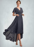 Kayley A-Line V-neck Asymmetrical Chiffon Lace Mother of the Bride Dress With Ruffle STG126P0014638