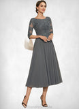 Chana A-Line Scoop Neck Tea-Length Chiffon Lace Mother of the Bride Dress With Sequins STG126P0014642