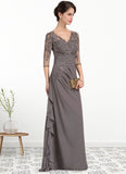 Nova A-line V-Neck Floor-Length Chiffon Lace Mother of the Bride Dress With Cascading Ruffles STG126P0014645