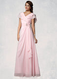 Reyna A-Line V-neck Floor-Length Chiffon Mother of the Bride Dress With Crystal Brooch Cascading Ruffles STG126P0014796