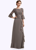 Joslyn A-Line Scoop Neck Floor-Length Chiffon Lace Mother of the Bride Dress With Beading Cascading Ruffles STG126P0014797