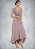 Aubrie A-Line V-neck Asymmetrical Chiffon Lace Mother of the Bride Dress With Beading STG126P0014799