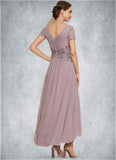 Aubrie A-Line V-neck Asymmetrical Chiffon Lace Mother of the Bride Dress With Beading STG126P0014799
