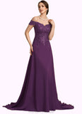 Nita A-Line Off-the-Shoulder Sweep Train Chiffon Lace Mother of the Bride Dress With Beading Sequins STG126P0014801