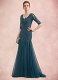 Clara Trumpet/Mermaid V-neck Sweep Train Tulle Lace Mother of the Bride Dress With Beading Sequins STG126P0014804