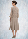Haylee A-Line Scoop Neck Tea-Length Chiffon Lace Mother of the Bride Dress With Sequins STG126P0014816