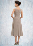 Haylee A-Line Scoop Neck Tea-Length Chiffon Lace Mother of the Bride Dress With Sequins STG126P0014816