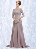 Addison A-Line Scoop Neck Sweep Train Chiffon Lace Mother of the Bride Dress With Sequins STG126P0014819