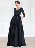 Autumn A-Line V-neck Floor-Length Satin Lace Mother of the Bride Dress With Sequins Bow(s) Pockets STG126P0014820