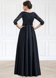 Autumn A-Line V-neck Floor-Length Satin Lace Mother of the Bride Dress With Sequins Bow(s) Pockets STG126P0014820