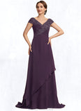 Paola A-Line V-neck Sweep Train Chiffon Lace Mother of the Bride Dress With Ruffle Beading STG126P0014824