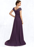 Paola A-Line V-neck Sweep Train Chiffon Lace Mother of the Bride Dress With Ruffle Beading STG126P0014824