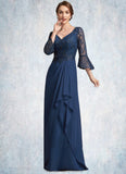 Naima A-Line V-neck Floor-Length Chiffon Lace Mother of the Bride Dress With Sequins Cascading Ruffles STG126P0014825