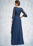 Naima A-Line V-neck Floor-Length Chiffon Lace Mother of the Bride Dress With Sequins Cascading Ruffles STG126P0014825