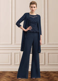 EmeryPiper Jumpsuit/Pantsuit Scoop Neck Floor-Length Chiffon Lace Mother of the Bride Dress With Beading STG126P0014836