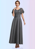 Nellie A-Line V-neck Ankle-Length Chiffon Lace Mother of the Bride Dress With Sequins STG126P0014838