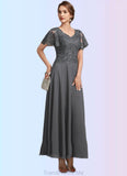 Nellie A-Line V-neck Ankle-Length Chiffon Lace Mother of the Bride Dress With Sequins STG126P0014838