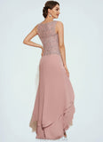 Carina A-Line Scoop Neck Asymmetrical Chiffon Lace Mother of the Bride Dress With Cascading Ruffles STG126P0014845