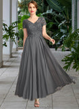 Ellie A-line V-Neck Illusion Ankle-Length Chiffon Lace Mother of the Bride Dress With Sequins STG126P0021830