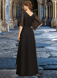Courtney A-line V-Neck Floor-Length Chiffon Mother of the Bride Dress With Beading Cascading Ruffles Sequins STG126P0021836