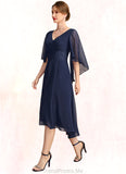 Autumn A-line V-Neck Asymmetrical Chiffon Mother of the Bride Dress With Pleated Appliques Lace STG126P0021845