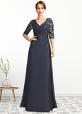 Setlla A-line V-Neck Floor-Length Chiffon Lace Mother of the Bride Dress With Pleated Sequins STG126P0021880