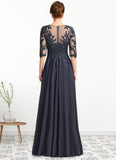 Setlla A-line V-Neck Floor-Length Chiffon Lace Mother of the Bride Dress With Pleated Sequins STG126P0021880
