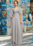 Abbie A-line V-Neck Floor-Length Chiffon Lace Mother of the Bride Dress With Cascading Ruffles Sequins STG126P0021883