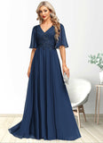 Pam A-line V-Neck Floor-Length Chiffon Lace Mother of the Bride Dress With Sequins STG126P0021888