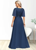Pam A-line V-Neck Floor-Length Chiffon Lace Mother of the Bride Dress With Sequins STG126P0021888