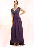 Ayanna A-line V-Neck Asymmetrical Chiffon Lace Mother of the Bride Dress With Cascading Ruffles STG126P0021899