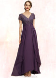 Ayanna A-line V-Neck Asymmetrical Chiffon Lace Mother of the Bride Dress With Cascading Ruffles STG126P0021899