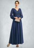 Whitney A-line V-Neck Ankle-Length Chiffon Lace Mother of the Bride Dress With Pleated STG126P0021908