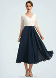 Gianna A-line V-Neck Tea-Length Chiffon Mother of the Bride Dress With Beading Pleated STG126P0021923