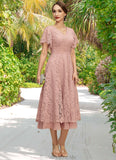 Elaina A-line V-Neck Tea-Length Chiffon Lace Mother of the Bride Dress With Pleated STG126P0021927