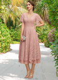 Elaina A-line V-Neck Tea-Length Chiffon Lace Mother of the Bride Dress With Pleated STG126P0021927