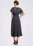 Stephany A-line Scoop Tea-Length Chiffon Lace Mother of the Bride Dress With Pleated STG126P0021928
