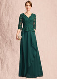 Moriah A-line V-Neck Floor-Length Chiffon Lace Mother of the Bride Dress With Cascading Ruffles Sequins STG126P0021934