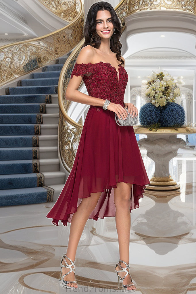 Roselyn A-line Off the Shoulder Asymmetrical Chiffon Homecoming Dress With Beading STGP0020582
